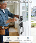 Man installing Built Tough WiFi Keypad Deadbolt For Your Front Door Zero Hassle Smart Lock With Matte Black Finish.