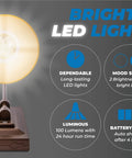 Battery Powered Wall Sconce 2 Pack LED Wireless Plugless Lights With 4 Hour Auto Shut Off 100 Lumen Output Easy Install Bronze Plastic Finish No Outlet Needed Anywhere showing light features.