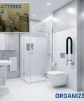 Heavy Duty Flip Up Toilet Safety Rail And Wall Mount Grab Bar Crafted From Heavy Aluminum With Sure Grip Design for easy access in modern bathroom.