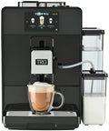 Top Notch Automatic Espresso And Coffee Machine With Built In Grinder and Smart Touchscreen making a latte with milk container.