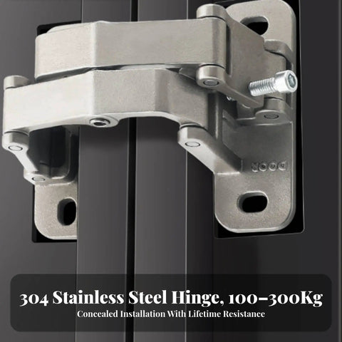 Heavy Duty Conceal Hinge With Articulated Arms And Reinforced Mounting Plates For Stone Doors 250Kg Load Solid As A Rock Hidden Design No Fuss Install Smooth Operation, close-up of stainless steel hinge.