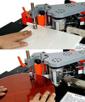 Pro Grade Edge Banding Machine for Woodworking applying edge banding on white and red panels, showing dual function capability