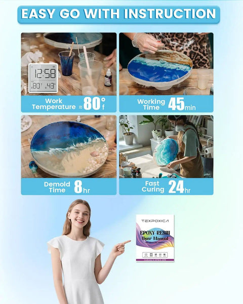 Epoxy Resin 1 Gallon Kit Crystal Clear Self Leveling Bubble Free Anti Yellowing Easy Mix 1 to 1 in use with instructions.