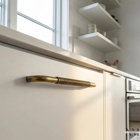 Solid Brass Cabinet Handle With Coiled Wire Grip, Vintage Industrial Style, Antique Brass Finish, Handcrafted Hardware for Cabinets