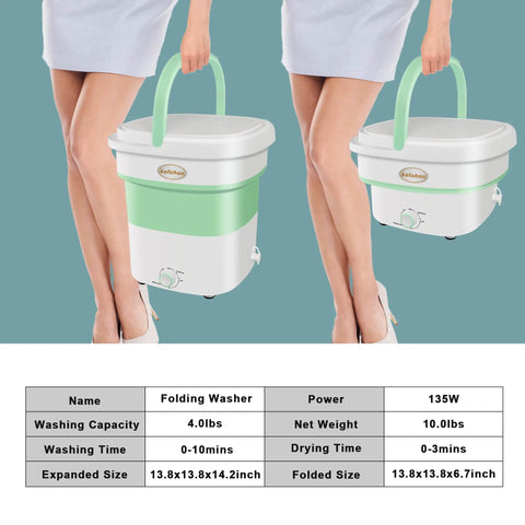 Two Tiny But Mighty Foldable Portable Washing Machines held by people, with a table showing specs like load capacity and power.