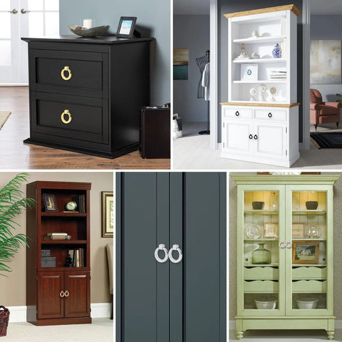 Various cabinets featuring Brushed Gold Ring Drawer Pulls Set Of 4 Round Cabinet Pulls For Furniture Hardware Zinc Alloy Dresser Cupboard Closet Door Handle With Smooth Brushed Finish Dimensions 4.17 By 3.96 By 0.99 Cm Screw Size 2.4 Cm.