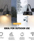 Gooseneck Barn Lights Outdoor Dusk to Dawn Sensor for Porch and Garage Black Exterior Farmhouse Wall Lighting Fixtures Weather Resistant Metal Two Pack 7 Inch Diameter Easy Install shown in rain and snow conditions.