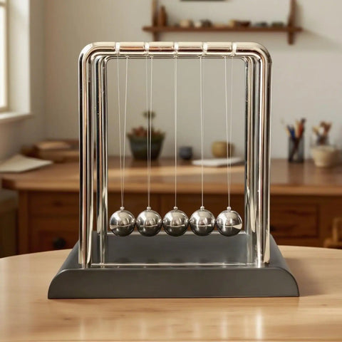 Cradle Balance Pendulum Balls Set With Black Base on wooden desk in home office. Kinetic fidget desk toy for stress relief.