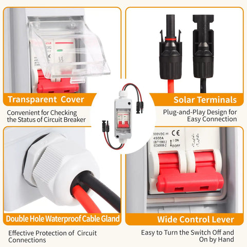 Solar Panel Disconnect Switch With IP65 Waterproof Rating Back Mounted DC 500V 32A Mini Circuit Breaker Box showing features and connections.