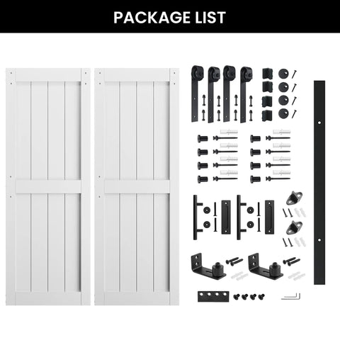 Package list for Rock Solid Double Sliding Barn Door 30 By 84 Inches White Primed MDF and PVC with hardware and accessories.