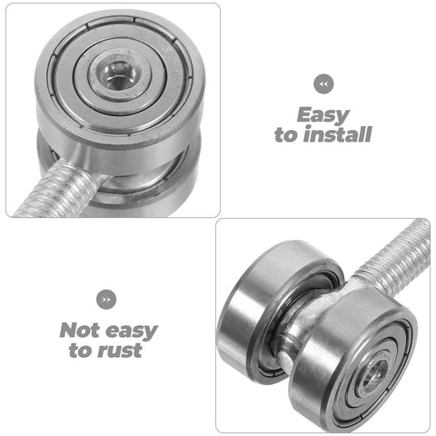 Heavy Duty Steel Sliding Door Roller Trolley With Double Bearing And 50kg Load Rating showing close-up of sealed bearings and installation features.