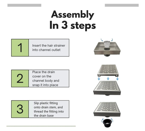 Assembly instructions for Premium 6 Inch Square Shower Drain With Slick Matte Black Polish And Heavy Duty 304 Stainless Steel Frame.
