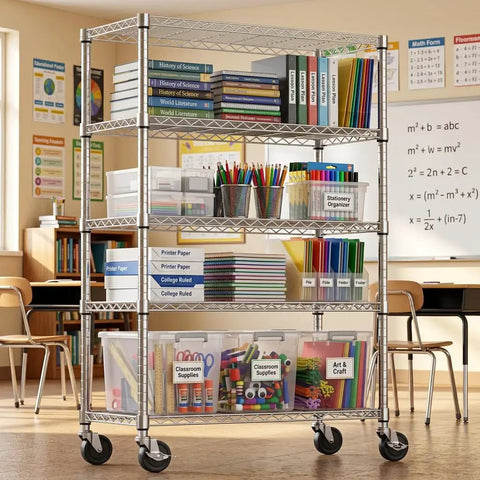 Tough As Nails Five Tier Chrome Wire Shelving Rack With Locking Casters And Nsf Certification For Kitchen Garage Or Home Office Storage Up To Three Hundred Fifty Pounds Per Shelf filled with books and classroom supplies.