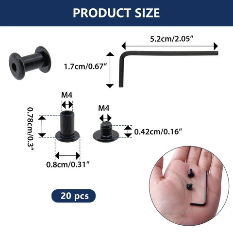 Top Shelf Black Chicago Screws And Binding Post Tools For Leather Crafting And Scrapbook Binding M4 X 8mm Carbon Steel Fasteners in size diagram.