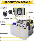 Detailed view of Heavy Duty Automatic Electric Heat Shrink Tube Cutter And Wire Stripping Machine showing controls, cooling fan, and clamping plate.