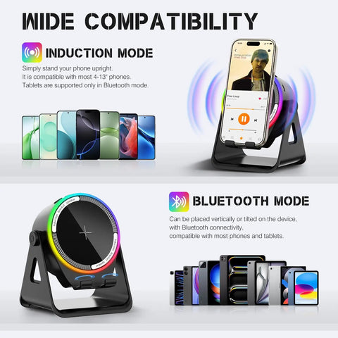Wireless Induction Speaker Stand With Five In One Bluetooth Five Point Three, 360 Degree Rotation, showing phone compatibility