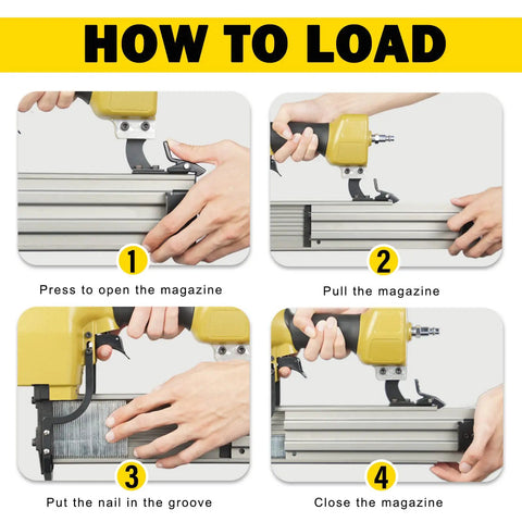 Step-by-step guide to load 14 Gauge Air Concrete T Nailer With Three Quarter Inch To Two And A Half Inch Nails Pneumatic T Nail Gun