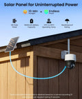 4G LTE Cellular Security Camera Outdoor Solar Powered With 360 Pan Tilt And Auto Tracking No WiFi Needed Color Night Vision AI Detection Built In SIM Card PTZ Lite Plus Solar Panel mounted on a wooden wall