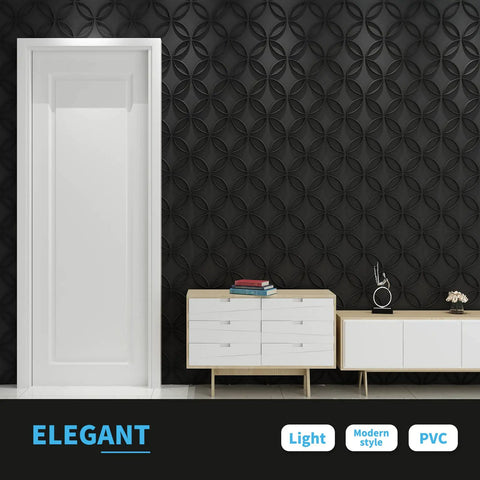 Interlocking Circles 3D Wall Panel in Matte Black on wall with white door and modern furniture