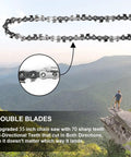 55 Inch High Limb Rope Saw With Dual Ropes And 70 Teeth On Both Sides, cutting chain detail with scenic background.