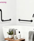 Heavy Duty Black Stainless Steel Shower Grab Bars 2 Pack With L Shaped And Straight Hands mounted near bathtub.