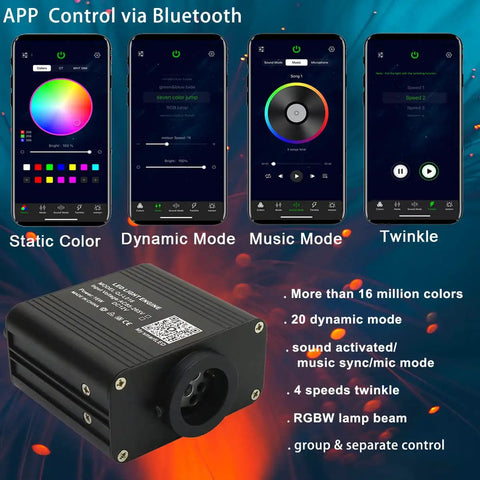 App control interface for Twinkle And Sound Activated Fiber Optic Star Ceiling Kit showing light modes and RGBW engine