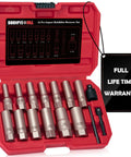 Deep Well Bolt Extractor Kit With 3/8 Inch Adapter No Fuss EZ Out Socket Set For Removing Deeply Trapped Stripped Damaged Rusted Bolts Nuts And Studs Spark Plug Removal Tool Included 16 Piece in red carrying case with lifetime warranty tag