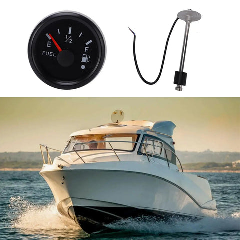 Slick Marine Fuel Level Sensor And Dashboard Gauge 240 To 33 Ohm With Rust Proof Stainless Sender 152 mm white face and black gauge display.