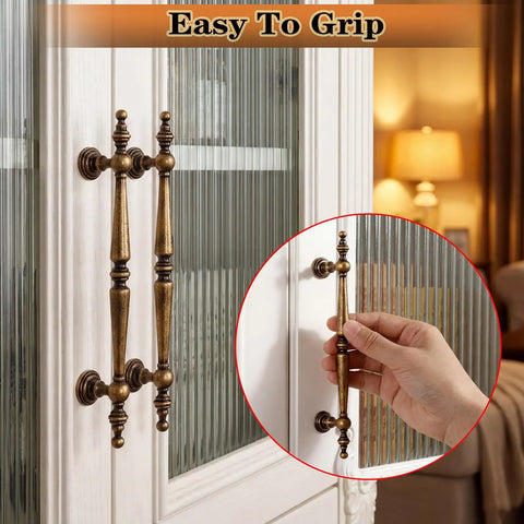 Solid Antique Brass Cabinet Pulls 5 Inch Drawer Handles 5 Pack Vintage Zinc Alloy Furniture Hardware on cabinet door.