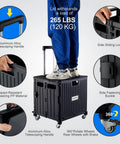 Person standing on black Folding Utility Cart With Lid And Basket On Four 360 Degree Rotating Wheels, showing durability and features.