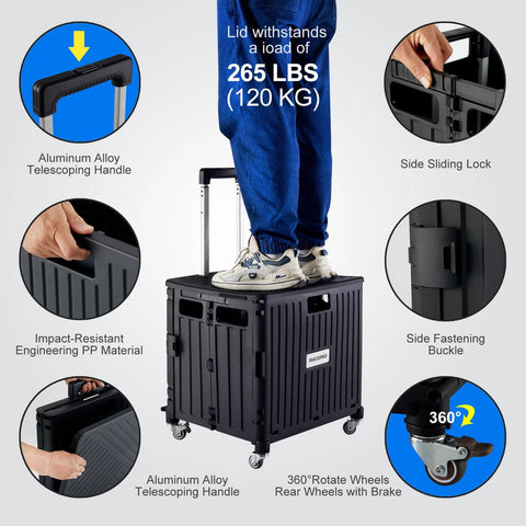 Person standing on black Folding Utility Cart With Lid And Basket On Four 360 Degree Rotating Wheels, showing durability and features.