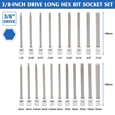 Extra Deep Hex Bit Socket Set For Three Eighth Inch Drive With 1/8 To 3/8 Inch And 3 To 10 Millimeter Allen Sockets SAE And Metric Long Reach