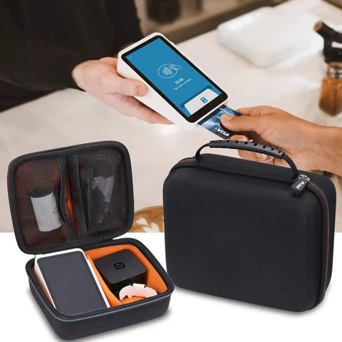 Kickass Drop Guard EVA Hardshell Case For Square Terminal Credit Card Reader With Lockdown Inner Cradle And Heavy Duty Travel Organizer Pouch And Quick Grab Access, black case with elastic straps open and closed.