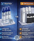 Front view of Crizal AR lens cleaning kit with 3 spray bottles and 3 cloths; AR Safe badge