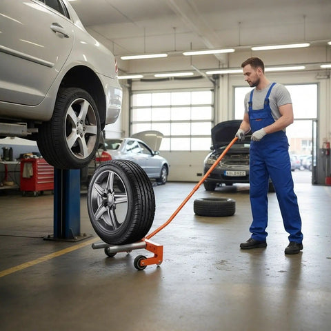 Built To Last Heavy Duty Adjustable Tire Wheel Dolly Moves 440 Lbs With Alloy Steel Frame Swivels 360 Degrees Smooth As Silk Across Your Garage Floor Perfect Workhorse For Auto Shops And Tire Changing Projects Orange Model in use at garage with worker handling tire.