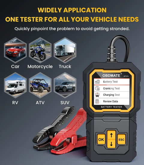 Top Shelf Plug And Play Car Battery Tester For 12V And 24V Vehicles displays various vehicle types and testing features on a screen.