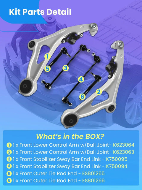 Kit parts detail showing Front Lower Control Arm And Ball Joint Suspension Kit For Nissan Pathfinder And Infiniti Qx60 Premium Heavy Duty Direct Fit Oem K623063 K623064.