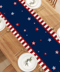 Patriotic Table Runner 13x72 Inches Watercolor Style Red White And Blue American Flag Stars on wooden dining table