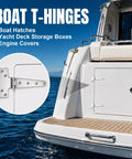 Tough As Nails 8X4 Inch 316 Marine Grade Stainless Steel T Hinges 2 Pack Heavy Duty Gate Hinges For Boat Hatches Yacht Boxes And Outdoor Reinforcement Built Different displayed on a yacht.