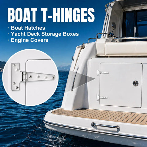 Tough As Nails 8X4 Inch 316 Marine Grade Stainless Steel T Hinges 2 Pack Heavy Duty Gate Hinges For Boat Hatches Yacht Boxes And Outdoor Reinforcement Built Different displayed on a yacht.