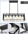 Rectangular Industrial Chandelier for Dining Room with six E26 lights, black metal frame, and grille, modern rustic centerpiece.