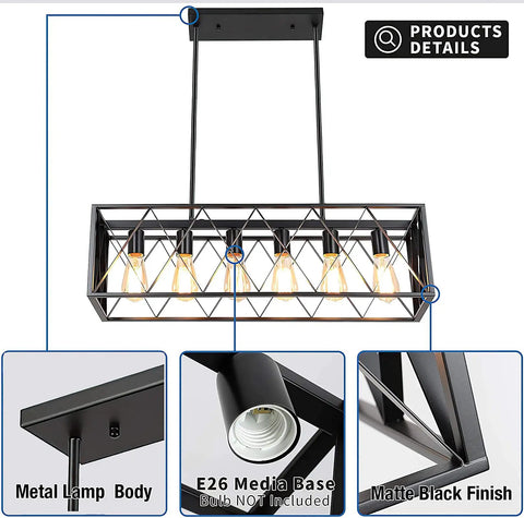 Rectangular Industrial Chandelier for Dining Room with six E26 lights, black metal frame, and grille, modern rustic centerpiece.