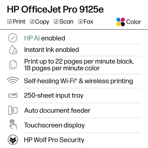 Features list for OfficeJet Pro 9125e Wireless All In One Color Inkjet Printer AI Enabled With Scanning Copying Faxing ADF And Duplex Printing Office Workhorse For Busy Offices Includes Three Month Instant Ink Trial