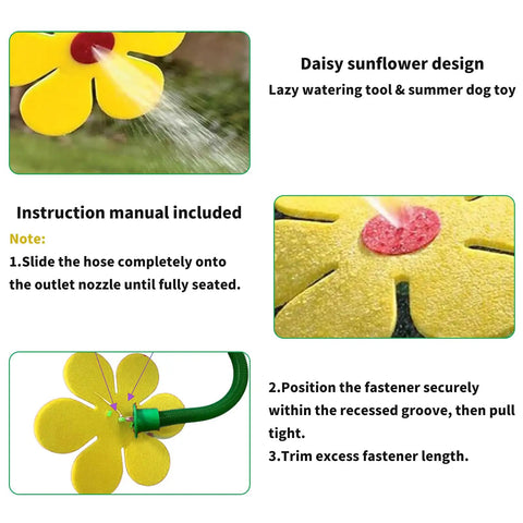 Crazy Daisy Sprinkler Dancing Sunflower Water Sprinkler instructional image showing installation and spray details for lawn garden use.