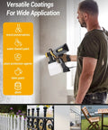 Person using All Around Paint Sprayer For Home Interior And Exterior With 1400ml Tank, 550W on indoor wall next to versatility chart