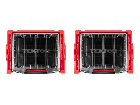 Front view of two Six-Drawer Rolling Stack With Tool Box And L-BOXX 2 Trays, visible in red frames with transparent lids.