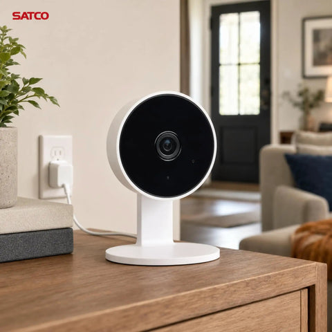 Rock Solid 1080P HD Indoor Security Camera 40 Pack Including Slick White Housing And Extra 32GB Storage Card mounted on a wooden table.
