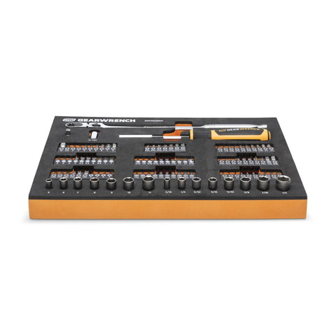 105 Piece Workhorse One Quarter Inch Drive Slim Head Mechanics Tool Set In Foam Storage Tray With 72-Tooth Ratchet visible