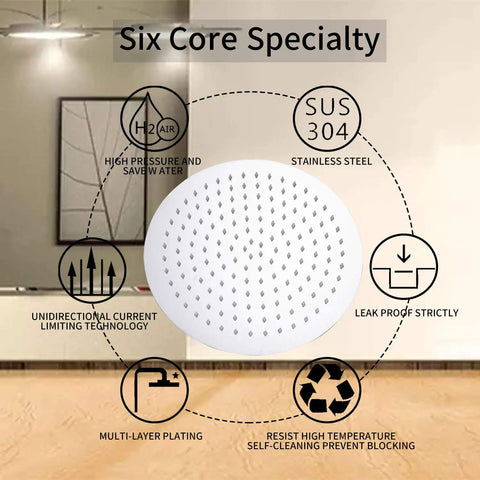 16 Inch Round Stainless Steel Rain Shower Head With High Pressure Chrome Finish, silicone jet nozzles, and six core features