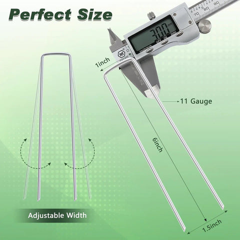 Heavy Duty 6 Inch Landscape Staples 50 Pack Hot Dip Galvanized 11 Gauge Garden Stakes showing dimensions